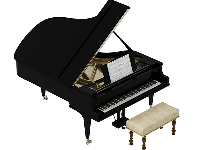 Black Grand Piano With Music Sheets And Padded Bench For Musical Instruments 3d model