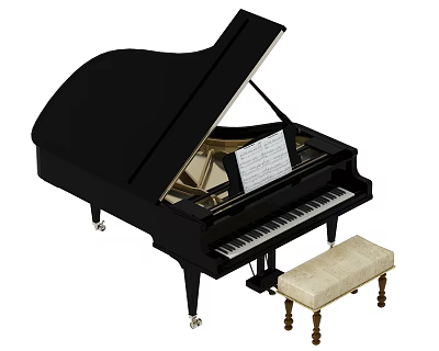 Black Grand Piano With Music Sheets And Padded Bench For Musical Instruments 3d model