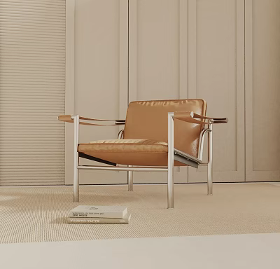 Modern Brown Leather Lounge Chair with Sleek Metal Frame in Minimalist Indoor Space 3d model