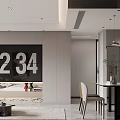Modern Living Dining Room Interior With Large Digital Clock Sofa Area Dining Table Pendant Light 3d model