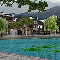 Ancient Architecture Pavilion With Lotus Pond Weeping Willows And Mountain View