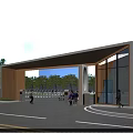Modern Entrance Gate With Wooden Canopy Glass Facade Trees Surrounding And People Walking Nearby