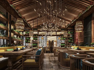 Traditional Restaurant Interior With Wooden Ceiling Hanging Lamps Green Plants And Wooden Tables 3d model