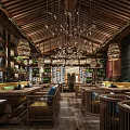 Traditional Restaurant Interior With Wooden Ceiling Hanging Lamps Green Plants And Wooden Tables