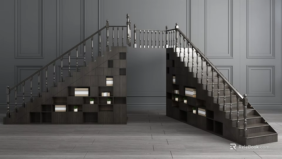 Modern Staircase with Wooden Steps Metal Railings Built in Lighting and Gray Walls 3d model 