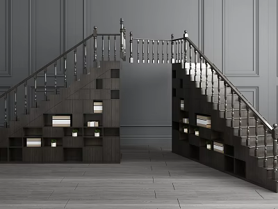 Modern Staircase with Wooden Steps Metal Railings Built in Lighting and Gray Walls 3d model