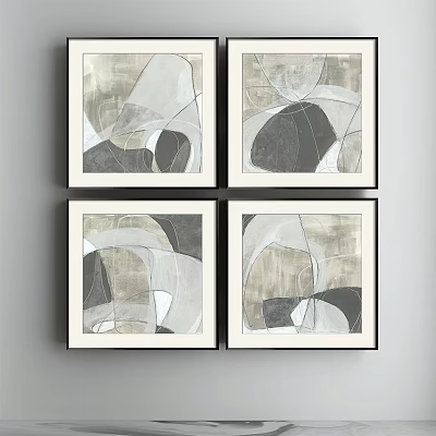 Set of Four Black Framed Abstract Paintings With Gray White Black Geometric Shapes and Lines 3d model