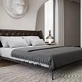 Modern Bedroom Interior With Double Bed Circular Relief Sculpture Nightstands Table Lamps And Wooden Shutters