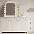 Elegant White Console Table With Arched Design Scalloped Mirror Yellow Vase And Floor Lamp