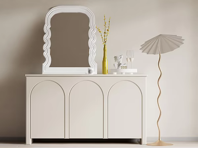 Elegant White Console Table With Arched Design Scalloped Mirror Yellow Vase And Floor Lamp 3d model