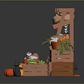 Fresh Fruits Vegetables And Chili Peppers Display On Wooden Shelves With Baskets Crates And Pumpkin