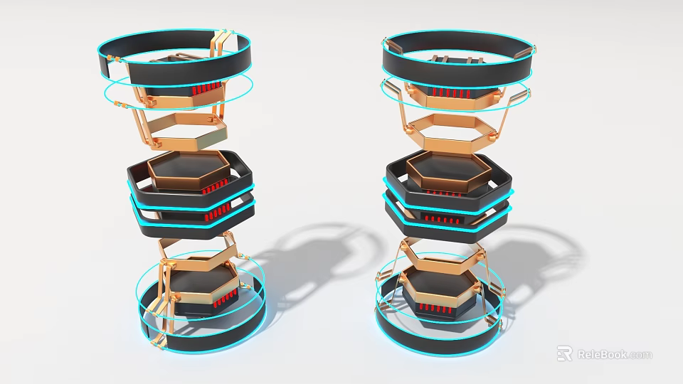 Multi Layer Industrial Equipment With Black And Gold Structure And Blue Halo Rings 3d model 