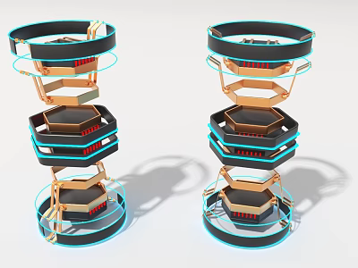 Multi Layer Industrial Equipment With Black And Gold Structure And Blue Halo Rings 3d model