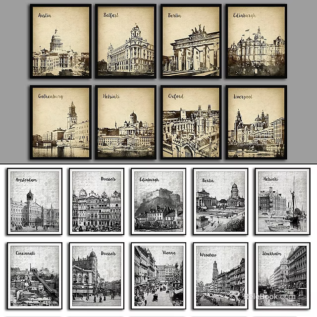 Vintage Photo Frames with Various European City Architecture Illustrations for Home Decor 3d model 