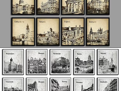 Vintage Photo Frames with Various European City Architecture Illustrations for Home Decor 3d model