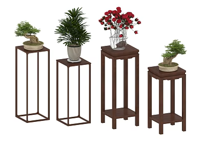 Wooden Plant Stands With Various Designs Holding Potted Plants Red Flowers And Bonsai 3d model