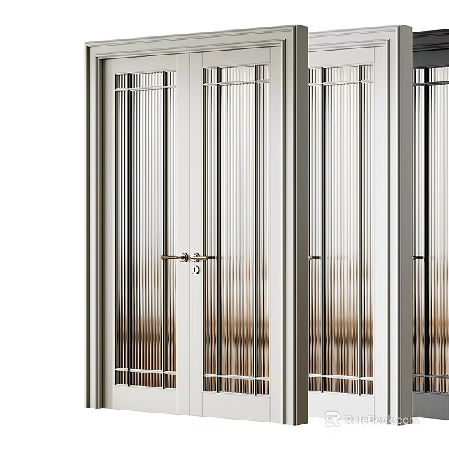 Modern Double Doors With Vertical Stripe Glass And Aluminum Frame Design 3d model 
