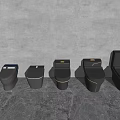 Modern Dark Colored Toilets With Various Designs Arranged In A Row