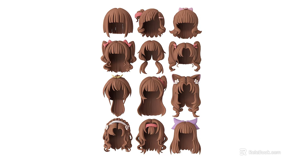 Brown Hair Wigs Featuring Various Hairstyles And Decorative Bows Headbands 3d model 