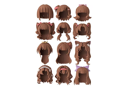 Brown Hair Wigs Featuring Various Hairstyles And Decorative Bows Headbands 3d model