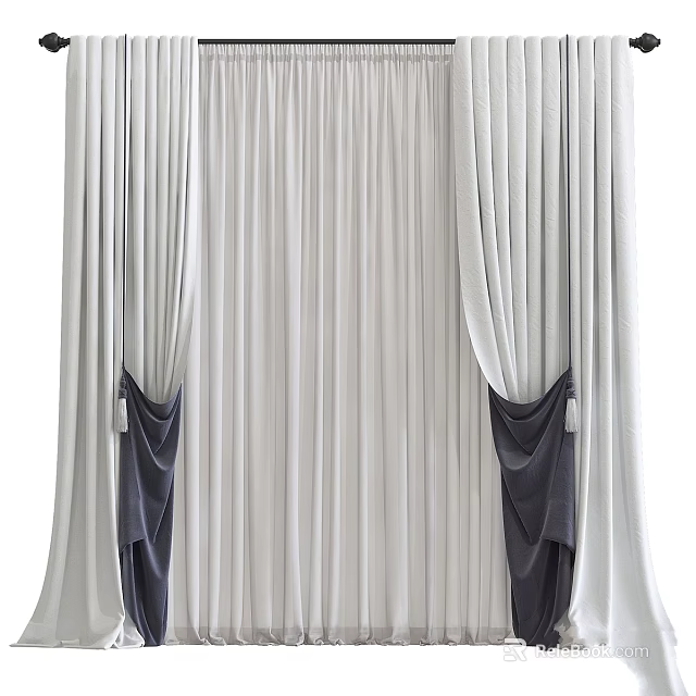 Elegant White Window Curtains With Dark Accent Panels And Pleated Design 3d model