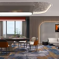 Modern Lounge Interior With Gray Sofa Orange Chairs Wooden Table And Patterned Carpet Lighting