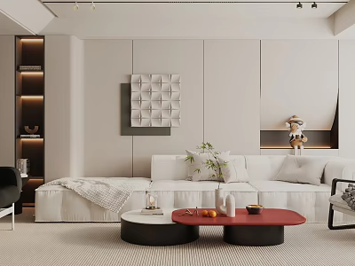 Modern Living Room Interior With White Sofa Pillows Red Black Coffee Tables Decorative Wall Art 3d model