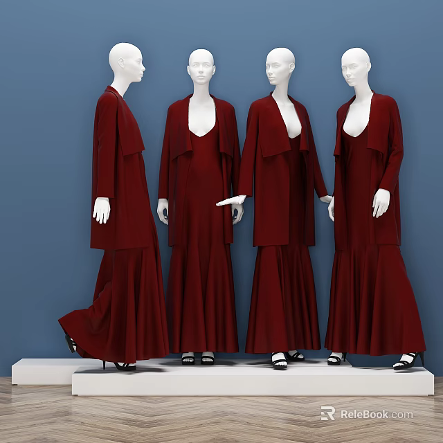 Models In Red Long Dresses With Cardigans On White Platform Blue Background 3d model