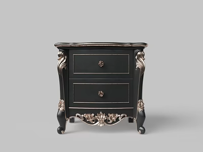 Elegant Black Nightstand With Two Drawers And Ornate Silver Decorative Details 3d model