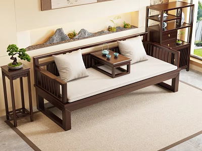 Chinese Style Wooden Daybed With Cushions And Small Coffee Table In Living Room 3d model