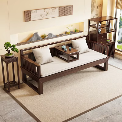 Chinese Style Wooden Daybed With Cushions And Small Coffee Table In Living Room 3d model