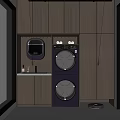 Home Balcony with Stacked Washer Dryer Wooden Cabinets Small Sink Large Window Natural Light