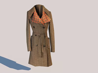 Classic Brown Tweed Coat With Double Breasted Design Plaid Collar And Belted Waist 3d model