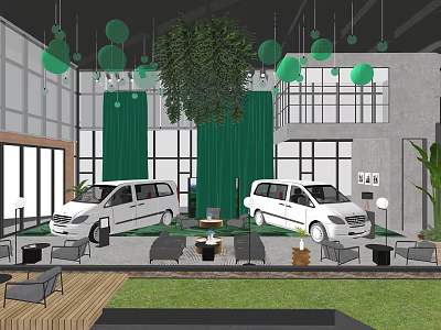 Modern 4S Dealership Showroom With White Cars Green Decor And Indoor Plants 3d model