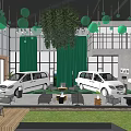 Modern 4S Dealership Showroom With White Cars Green Decor And Indoor Plants