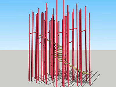 Tall Red Outdoor Climbing Sports Equipment With Wooden Ladder And Platforms 3d model