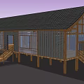 Traditional Wooden Building With Black Tiled Roof Elevated Pillars Lattice Walls And Staircase