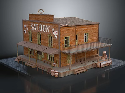 Western Style Saloon Wooden Building With Sign Veranda Barrels And Steps 3d model