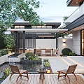 Modern Japanese Style Courtyard Garden With Water Feature Wooden Deck Outdoor Seating Green Plants Lanterns