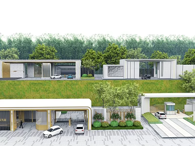 Modern Entrance Gate with Building Exterior Lush Trees Driveway and Parked Cars 3d model