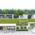 Modern Entrance Gate with Building Exterior Lush Trees Driveway and Parked Cars