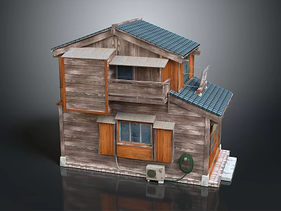 Two Story Wooden House Exterior With Blue Tile Roof And Balcony Windows 3d model