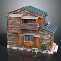 Two Story Wooden House Exterior With Blue Tile Roof And Balcony Windows