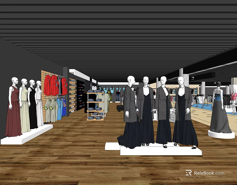 Modern Clothing Store Interior With Mannequins Various Clothing Styles And Wooden Floor 3d model 