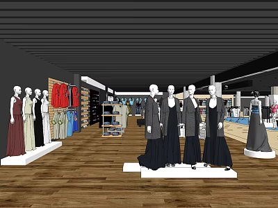 Modern Clothing Store Interior With Mannequins Various Clothing Styles And Wooden Floor 3d model