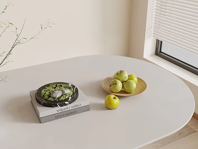 Green Apples And Decorative Book On Round White Table 3d model