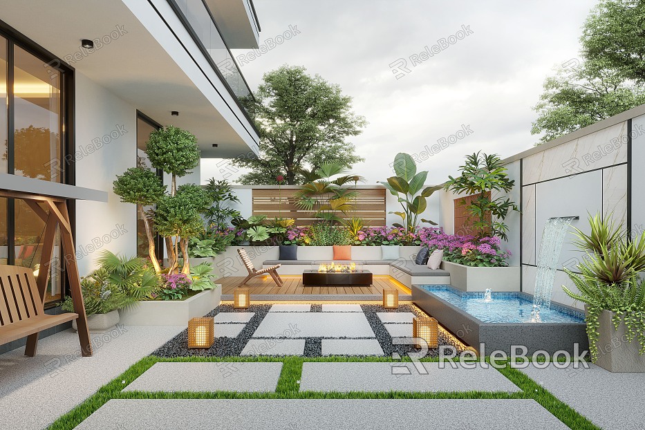 Cream Style Courtyard Landscape Courtyard Landscape Plant Home Courtyard Villa Courtyard Outdoor Sofa Waterscape Waterscape Wall Outdoor Cabinet model