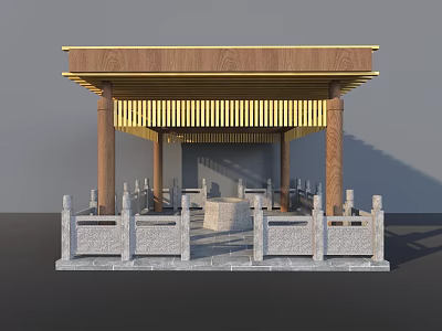 Traditional Pavilion With Wooden Roof Stone Railings And Classical Columns Structure Design 3d model