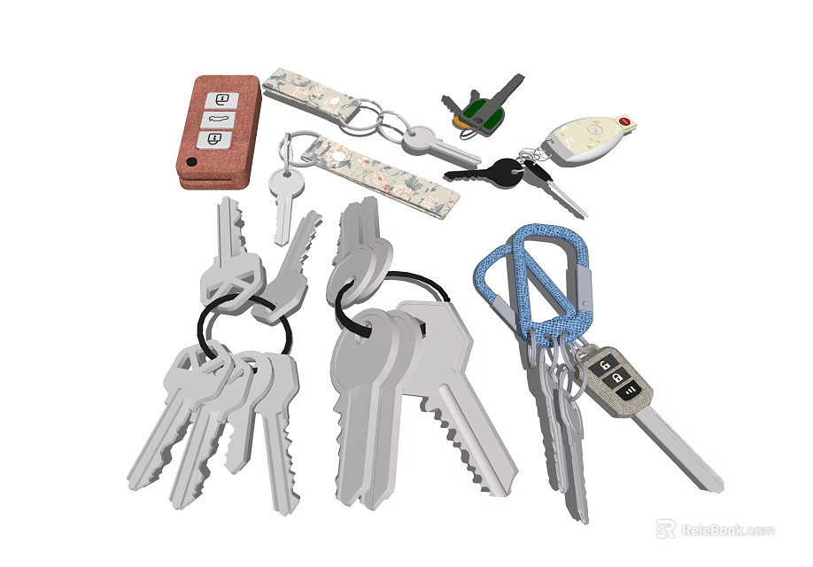 Various Keys And Keychain Accessories With Combination Lock And Key Rings 3d model