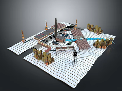 Detailed Miniature Landscape Model Featuring Architectural Structures Trees And Striped Ground Texture 3d model